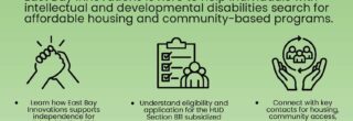> **Alt Text:** An informational flyer from East Bay Innovations and DDS titled "Looking for Affordable Housing?" It promotes assistance for individuals with intellectual and developmental disabilities to find housing programs. Includes a QR code and a link (bit.ly/EBIHousingAccess) to register for a 1-on-1 meeting. Services are available in Spanish, Cantonese, and Mandarin.